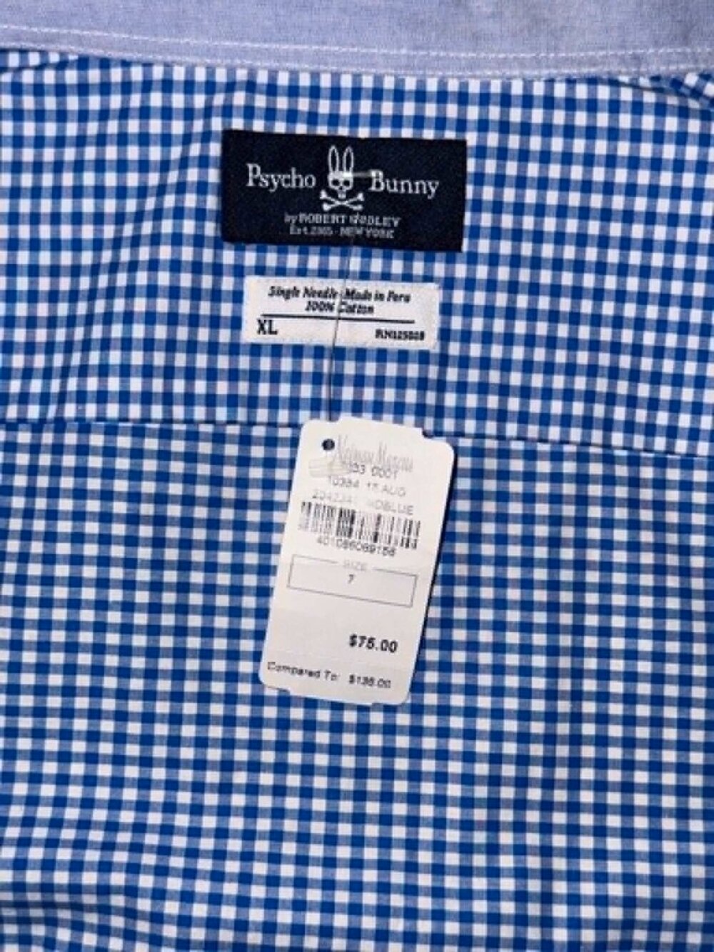 NEW $138 Psycho Bunny Mens XL Blue & White Gingham Button Down Long Sleeve Shir - Picture 4 of 5